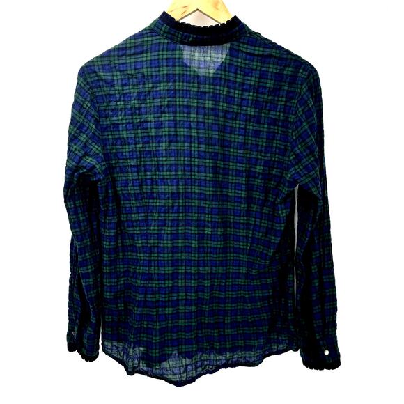 J McLaughlin Shirt Womens Medium Blue Green Plaid Ruffle Trim Crinkle Cotton - Picture 5 of 8